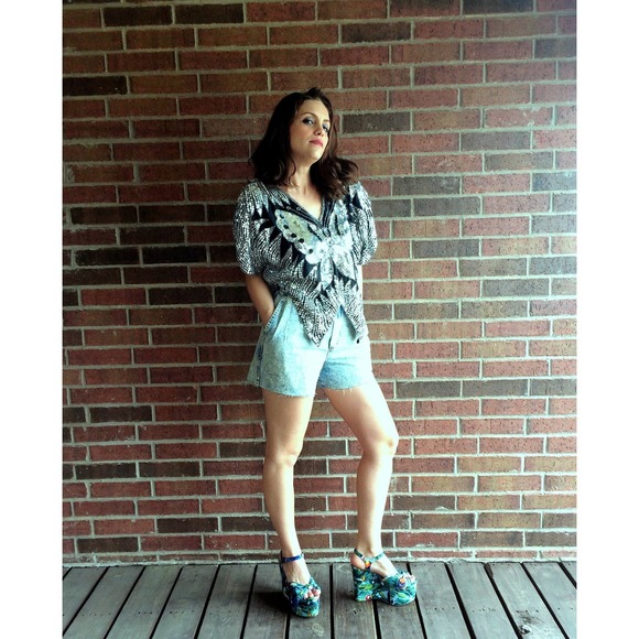 vintage 70s BUTTERFLY SEQUIN silk party statement top cocktail avant garde - Picture 8 of 10